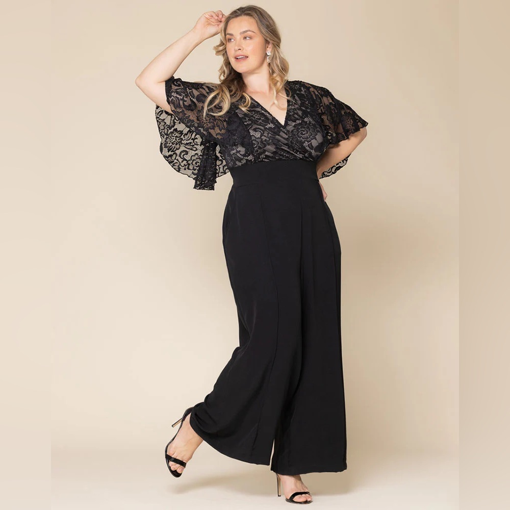 New Kiyonna Helena Black Lace Flutter Sleeve Wide Leg Jumpsuit Size 1X